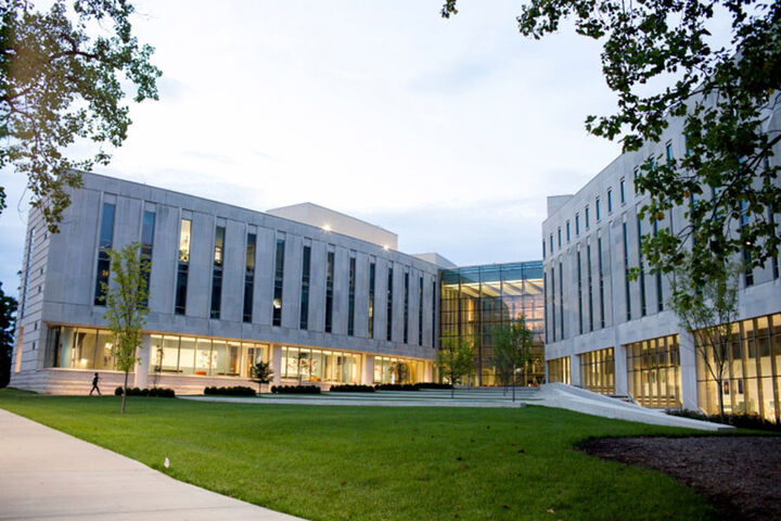 An exterior shot of the Hamilton Lugar School of Global and International Studies building.